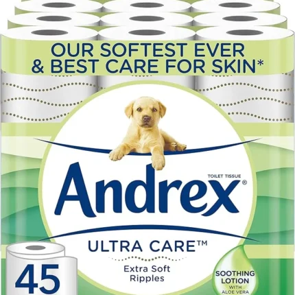 Andrex Ultra Care Toilet Paper – 45 Toilet Roll Pack – contains soothing lotion with Aloe Vera for our best care for skin – Dermatologically Tested (Packaging May Vary)